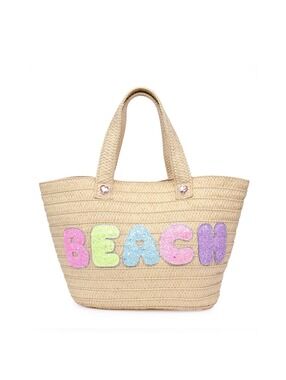 OMG Accessories Beach Straw Tote Bag Sequin Pastel Letters